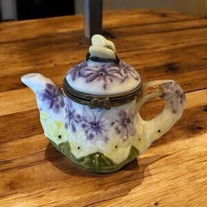 Trinket box Flowered Teapot Butterfly on top 2 1/2" Purple Yellow Green